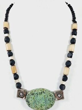 17.5" Sterling Silver & Turquoise Beaded Necklace | Carved Nut & Black Glass Bea